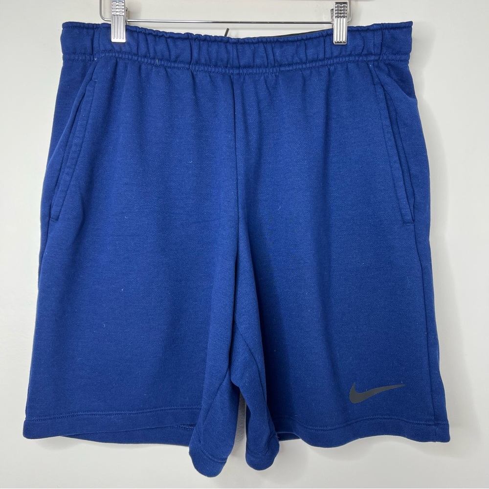 Nike Dri Fit Navy Blue Black Swoosh Logo Athletic Gym Shorts Size Mens Large